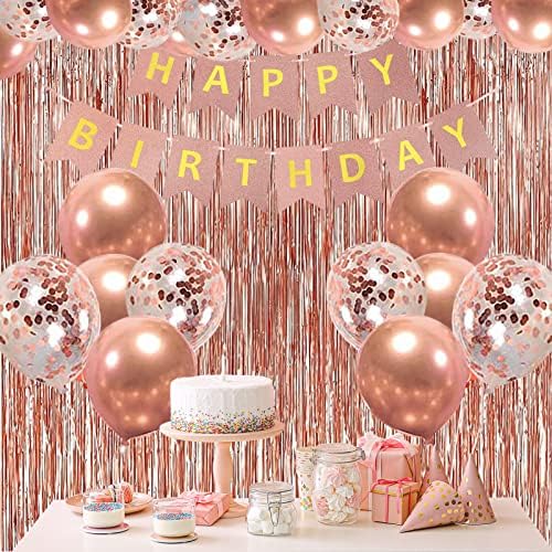Розово злато роденденски украси, роденденско девојче за глава тијара и роденденска девојка Саш, среќен роденден банер балони круни фолија