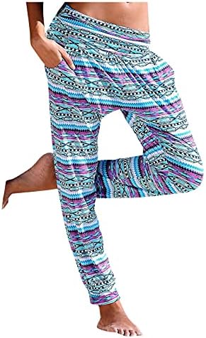 MGBD жени со висока половината печатеа еластични летни обични панталони удобни палацо долги панталони Бохо плажа панталони со џебови