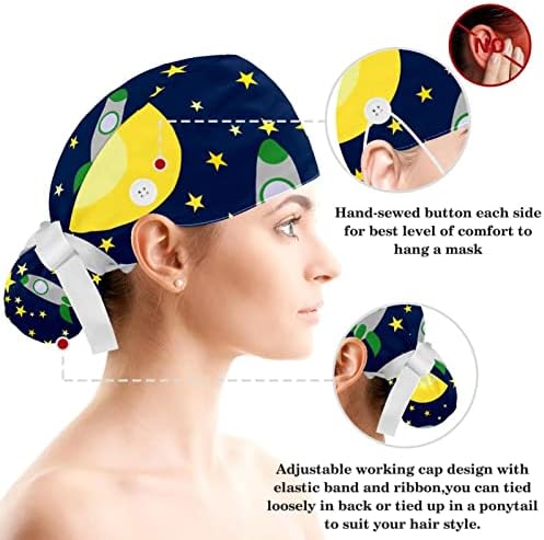 Шарен вселенски универзум Работен капа, прилагодлива капаче за чистење со копчиња и лажна коса, чиста за медицинска сестра и доктор