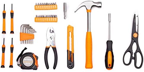 Комплет за алатки од 39 парчиња портокалова и сина боја - општа алатка за домаќинства поставена со пластична кутија за складирање на алатки