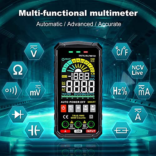 Мултиметар, дигитален мултиметар 6000 брои TRMS, автоматски во волтметар на LCD-екранот во боја, паметен електричен тестер мери