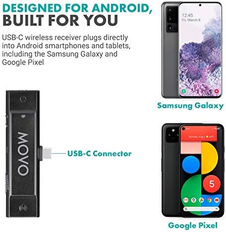 Movo ivlog UC безжичен андроид лавалиер микрофон и видео комплет за паметни телефони со смартфон, LED светло и статив - USB -C Android