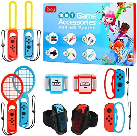 Пакет за спортови додатоци FANPL Switch за Nintendo Switch Sports 2022, 10 во 1 комплет за додатоци за спортови игри со мечеви за мечување, ленти за зглобови, ленти за нозе, рекети за тен