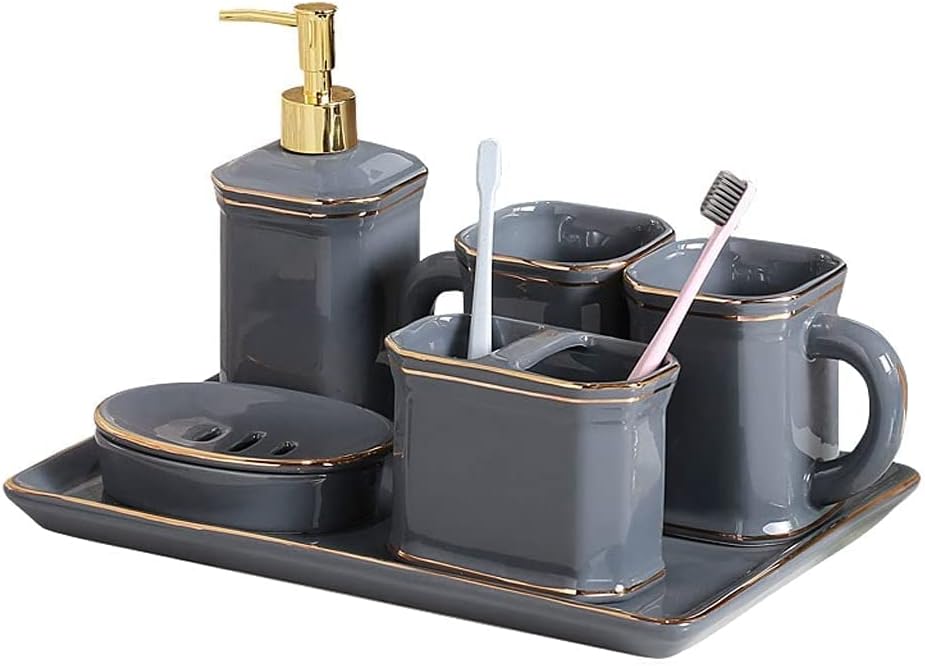 Керамички сапун за сапун диспензер додатоци за бања - 6 парчиња бројач на врвни бања сетови за сапун за заби, држач за четкичка за заби