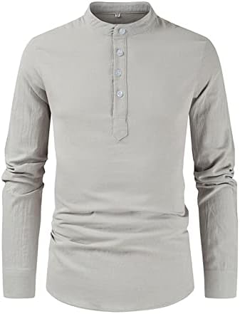 Летни масти кошули Менс мода едноставна обична јака половина отворена кошула гранична машка машка памук со долги ракави и постелнина