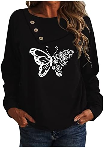 Jjhaevdy женски случајни печати од пеперутка со долги ракави врвови на копчето вратот на вратот, пулвер, лесни блузи, џемпери за