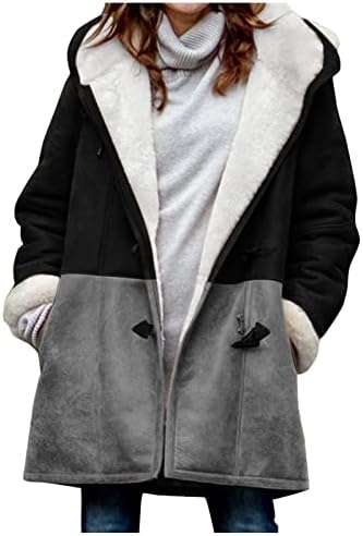 Womenените зимски палто плус големина крпеница плус кадифена надворешна облека со долги ракави рогови џебови од џебови со качулка со