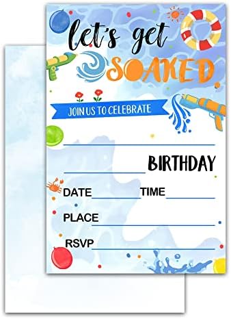 Роденденски покани со коверти, сет од 20, летен поздравен базен за роденден, покани за роденден, воден балон за роденденска забава за декорација