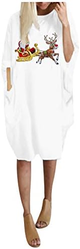 Badhub Xmas_Dress Модната Женска Зимска Плус Големина Лабава О-Џеб За Вратот Божиќен Печатен Фустан