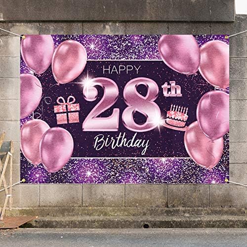 Пакбоом Среќен 28 -ми роденден Банер за позадина - 28 ДЕЦЕРАЦИИ ЗА ДЕЦЕРАЦИИ ЗА ПАРТИИ ЗА WЕНИ - Пинк Виолетово злато 4 x 6ft