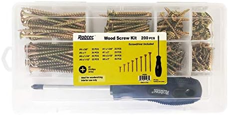 Комплет за асортиман на Robtec Wood Screws - 200 парчиња рамни завртки од дрво со шрафцигер - рамна глава самопочитувајќи ги завртките