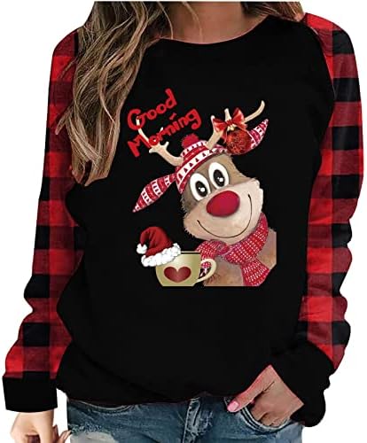 Карирана Божиќна џемпер жени светли новогодишни џемпери џемпер Божиќ и ирваси печати врвен долг ракав пулвер маичка кошула