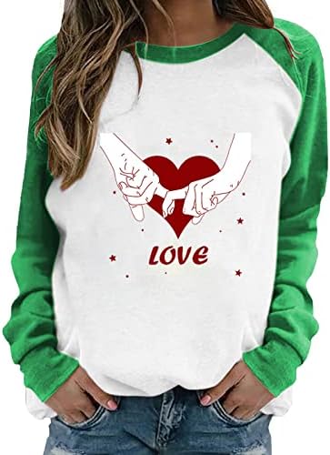 Kcjgikpok женски ден на в Valentубените, кошули со долг ракав, loveубовни печатени џемпери во боја на џемпери, обични врвови на пулвер