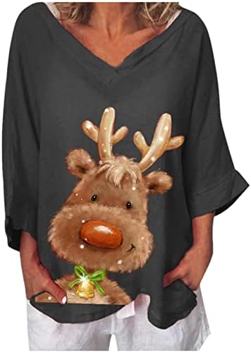 Грдите Божиќни врвови за жени слатки снежници Елк печати случајно лабава долга ракав против кошули со вратот, пулвер џемпер, блуза