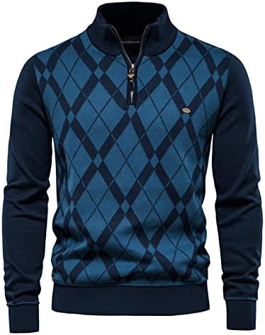 Xiaxogool mens четвртина патент џемпер, џемпер од четврт-зип џемпер argyle stand јака плетете влечење плетено тенок фит пулвер