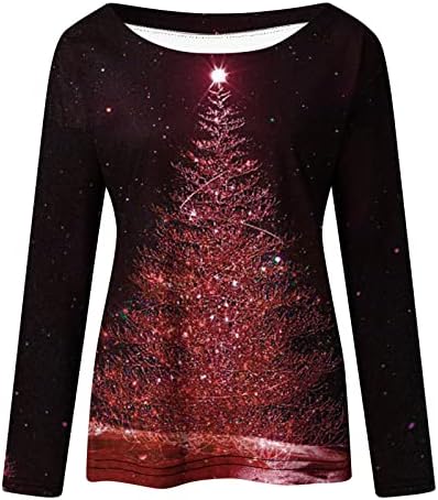 Кошули со долг ракав за жени 2022 Божиќни кошули осветлуваат Божиќни дрво врвови на екипажот неонски дами паѓаат блуза и врвови