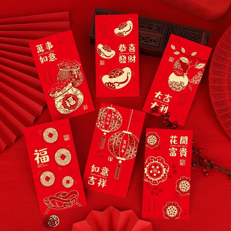 36 ПАРЧИЊА Кинески Црвени Пликови, Нова Година Хонг Бао, Нова Година Среќни Парични Џебови За Сите Прилики, со 6 Различни Модели На Новогодишни