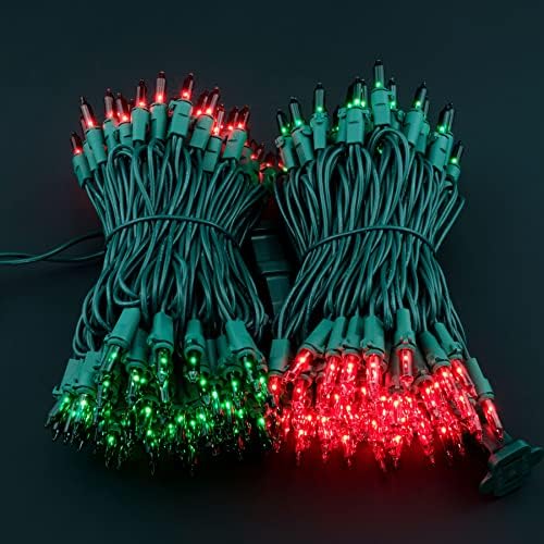 Црвени и зелени божиќни светла со зелена жица, 66 стапки 200 брои UL овластени стринг светла, пакет од 2 комплети 33 стапки 100