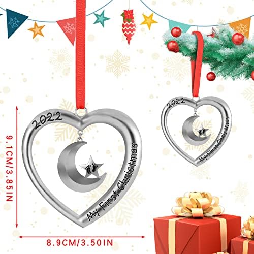 Прв Божиќен украс на бебето 2022 метално Божиќно срце со висечки месечина украс сребрена бебешка елка за новогодишно бебе Прво Божиќно