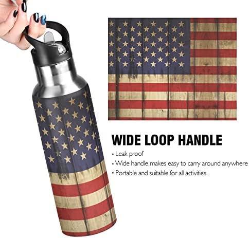 Американско знаме со шише со вода од дрво со вакуум изолирано шише со вода од не'рѓосувачки челик со слама капаче 20oz вода заболувања