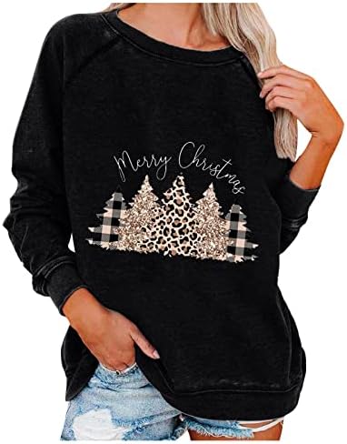 Женски обични џемпери туники врвови новогодишни елки, џемперки жени карирани леопард графички долги ракави врвови на врвови