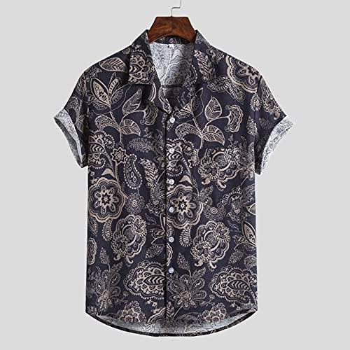 Машки памучни постелнина кошули со краток ракав лето опуштено копче за опуштено дополнување на хавајската кошула Гроздобер Бохо Обични плажа врвови