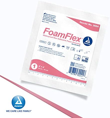 DynaRex Foamflex Не -лепење на водоотпорни преливи за пена - 4 x4, дише и високо апсорбирачки преливи за пена за рани, 1 кутија од 10