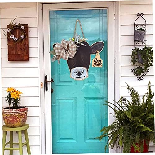 Знак на венец на врата од бик, дрвена фарма куќа од влезна врата, декоративен знак за виси со лак и вештачки лисја