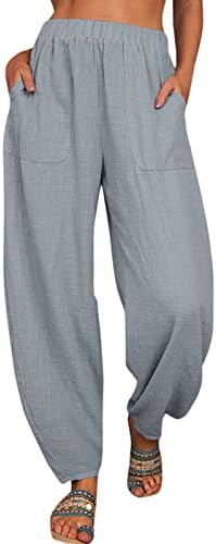 Памучни постелнини панталони за жени, високи половини широки нозе палацо со целосна долга панталона панталони со џебови со џебови