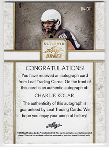 Charlie Kolar RC Auto 2022 Leaf Ultimate Draft /75 Blue Autographs BA-CK1 Rookie Ravens NM+ -MT+ NFL фудбал