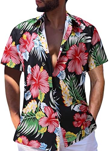 XXVR машки хавајски кошули, лето кратко ракав Тропско цветно копче за печатење надолу опуштено вклопување лапел плажа Алоха кошула