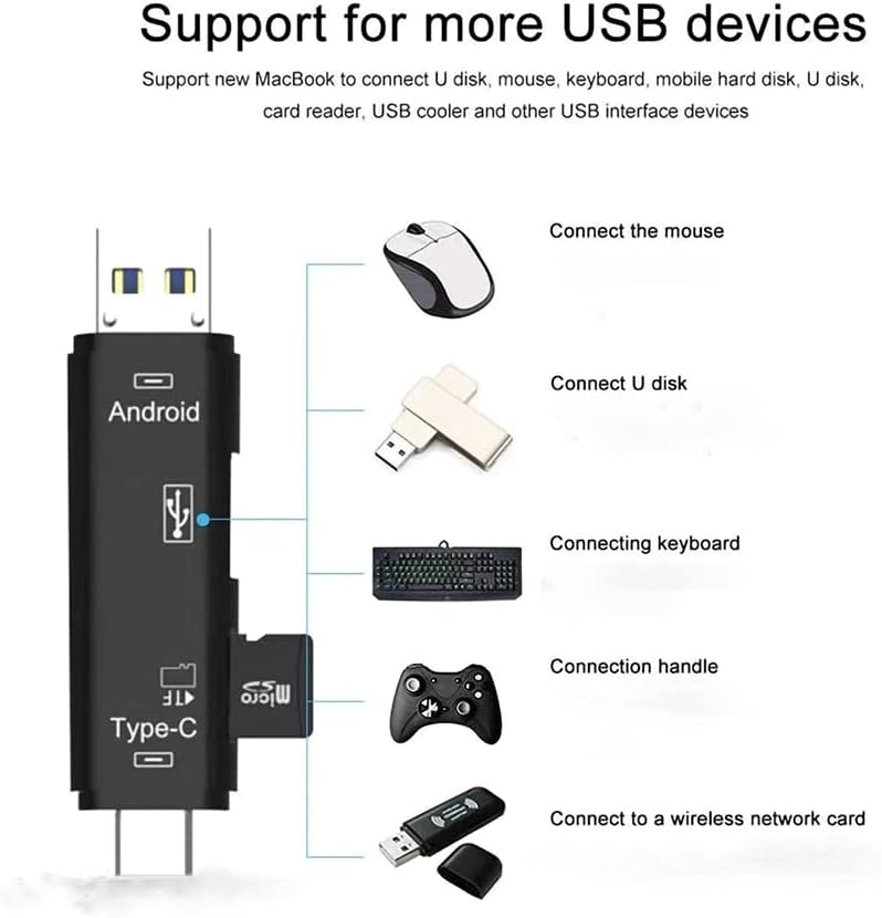ВОЛТ+ 5 во 1 Мултифункционален Читач На Картички Компатибилен Со Xiaomi Redmi Забелешка 10 има USB Тип-C/ MicroUSB/ Tf/ USB 2.0/