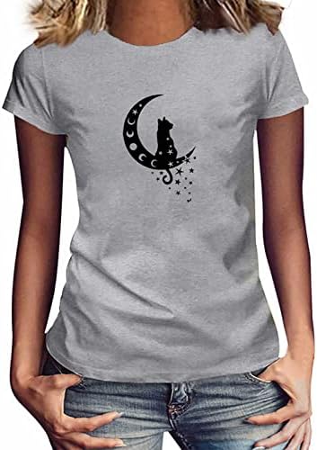 Cartенски симпатични графички маици со екипаж на кратки ракави за кратки ракави летни летни слатки мачки и месечини за печатење врвови