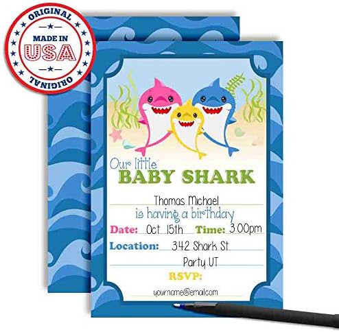 Покани за Роденденска Забава Со Мала Ајкула, 20 5 х7 Пополнете Картички Со Дваесет Бели Пликови Со Амандакреација