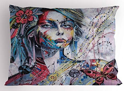 Ambesonne Art Pillow Sham, фантастичен портрет на девојче со цветни и геометриски детали пеперутки во боја, распрскувачи на боја,