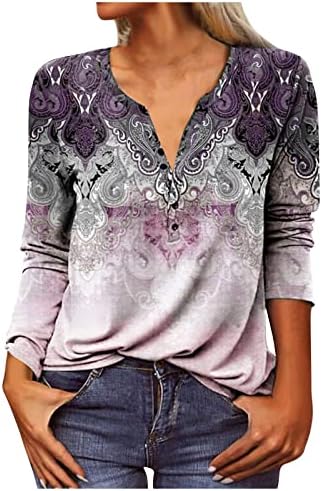 Гроздобер маици за жени со долги ракави копче надолу кошули со преголеми маици со вратот, кои излегуваат од обични врвови естетски