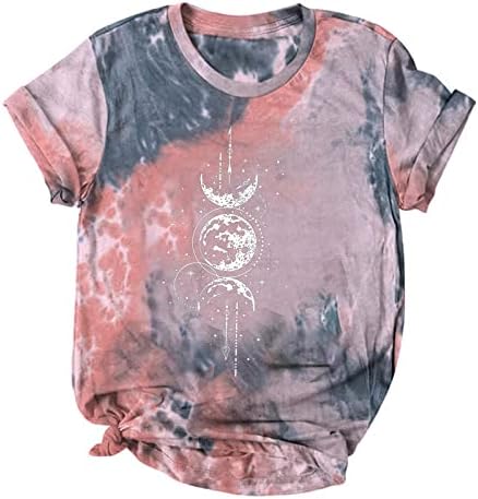 Врзајте боја гроздобер врвови за жени Графичка Сонце Месечина Графичка лабава блуза кошули со кратки ракави за тинејџери