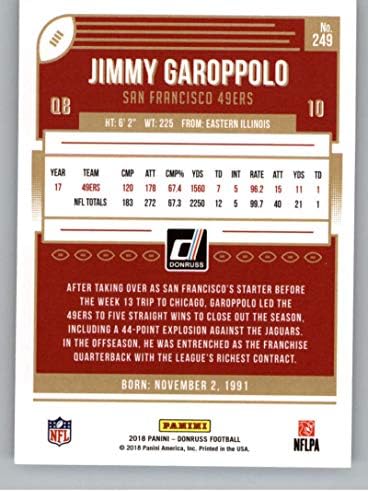 2018 година Фудбал Донус 249 Jimими Гарополо Сан Франциско 49ерс Официјална трговска картичка во НФЛ