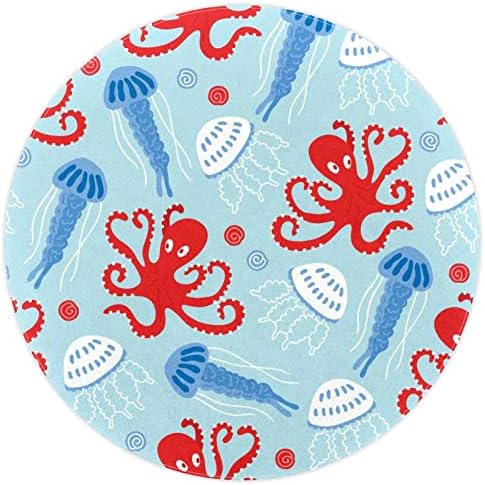 Llnsupply Голема големина 5 ft круг деца играат подрачје килинг црвен октопод сина медуза од школка за трска, рамка за килим,