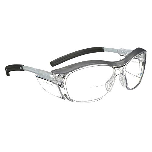 3М безбедносни очила со читатели, NUVO заштитни очила, +2,5, ANSI Z87, сива рамка, чиста леќа, мек мост на носот, странични штитови