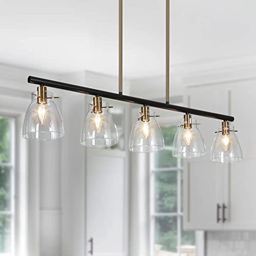 Зевни 5-светло осветлување на кујната на кујната, модерен црно златно лустер за трпезарија, линеарно осветлување на приврзок со