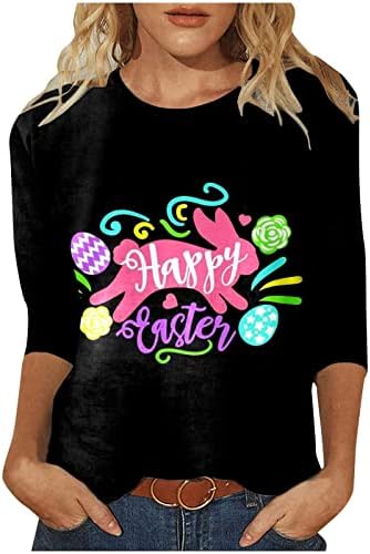 Womenените Велигденски јајца зајаци графички маички класични вклопуваат 3/4 ракав екипаж Туника врвови од одмор слатка блуза за тинејџери