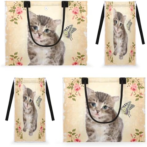 Симпатична мачка пеперутка цветна торба за жени за жени кои патуваат за еднократна употреба на намирници за намирници, алатка за работа за шопинг базен, торба за пл