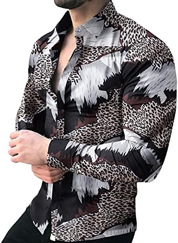 XXBR Модни врвови за мажи со долги ракави со јака од јака надолу со кошули лабава туника маица леопард печати хавајски кошула