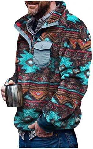 XXBR SHERPA PULVOVER FOR MENS, TEDDY FUZZY SWESSHIRSTS Зимски топло карирано ацтек печатени геометриски џемпери палто со целосни