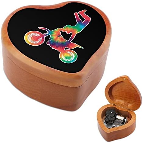 Tie Dye Motocross Stunt Rider Diden Music Box Heart Heart Heart Windup Music Box гроздобер дрвен часовник музички кутии подароци