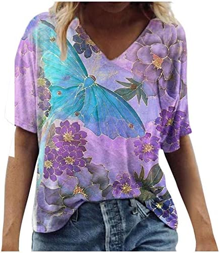 Плус врвови за големина за жени, женски кратки ракави против маички со вратот врвови летни маици обични лабави маици