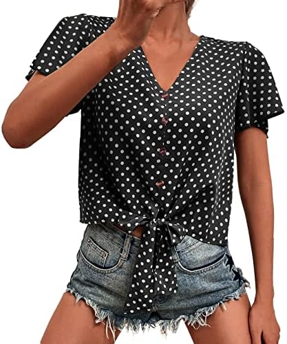 Uikmnh дами копчиња точки на трепет ракав кратки ракави култури врвови лето исечени плетени кошула со опуштено вклопување