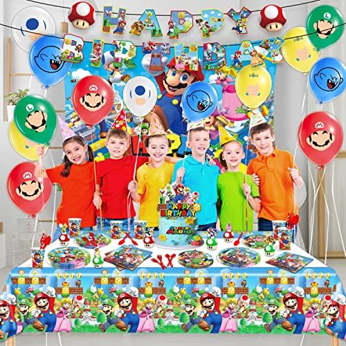 Материјали за Роденден на Марио, 116 ПАРЧИЊА Украси За Забави На Марио Вклучуваат Транспаренти, Позадина, Чинии, Чаршав, Чаша, Вилушки,
