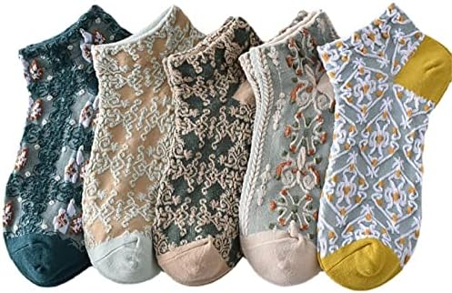 Zhит 5 пара цветни чорапи жени нордиска лента текстурирани цветни памучни чорапи, девојки гроздобер слатки цвеќиња слатки чорапи